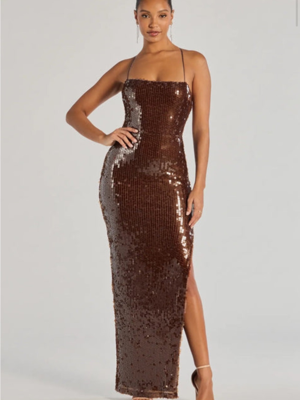 Windsor Brown Sequin Strapless Maxi Dress